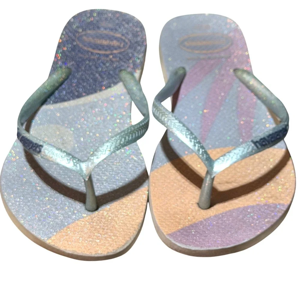 Havaianas Flip Flops Womens 9/10 Multi Color Rubber Slim Glitter Cosmic Beach